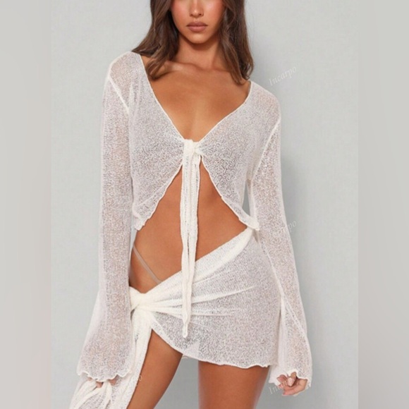 Tiger Mist White Purl Knit Tie Top Crop Top Long Sleeve Bikini Cover Cardigan S - Picture 3 of 5